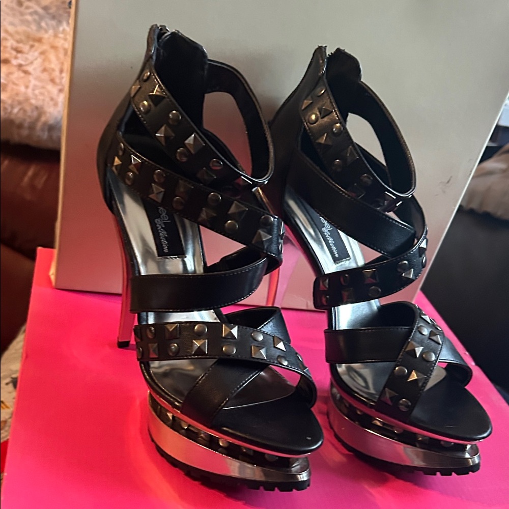 Black Studded Platform High Heel Sandals - Womens